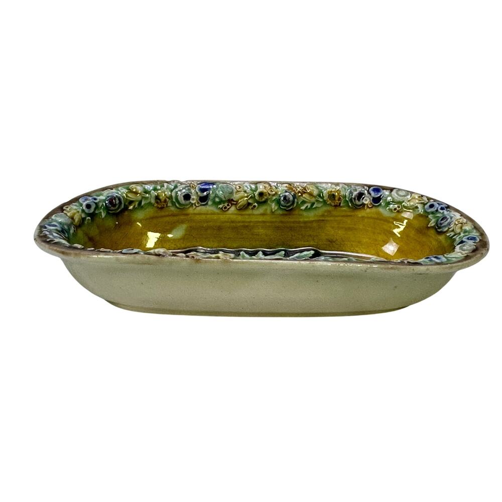 Wedgwood England Antique Late 1800's Majolica Small Oval Dish Floral Motifs-Rare